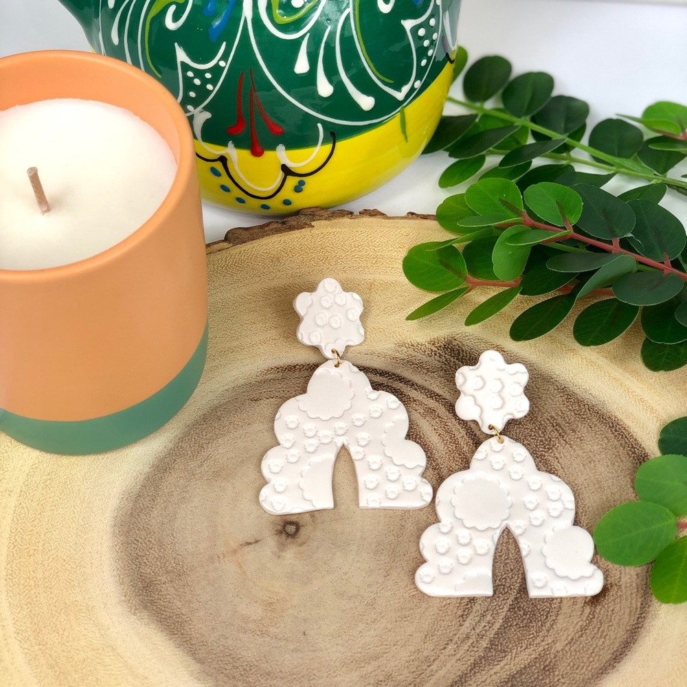 Polymer Clay Maximalist White Floral Embossed Arch Statement Dangle Earrings